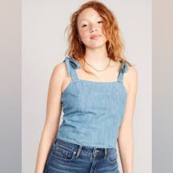 Blue fitted Corset style denim tie straps cami top sz M - Picture 1 of 8